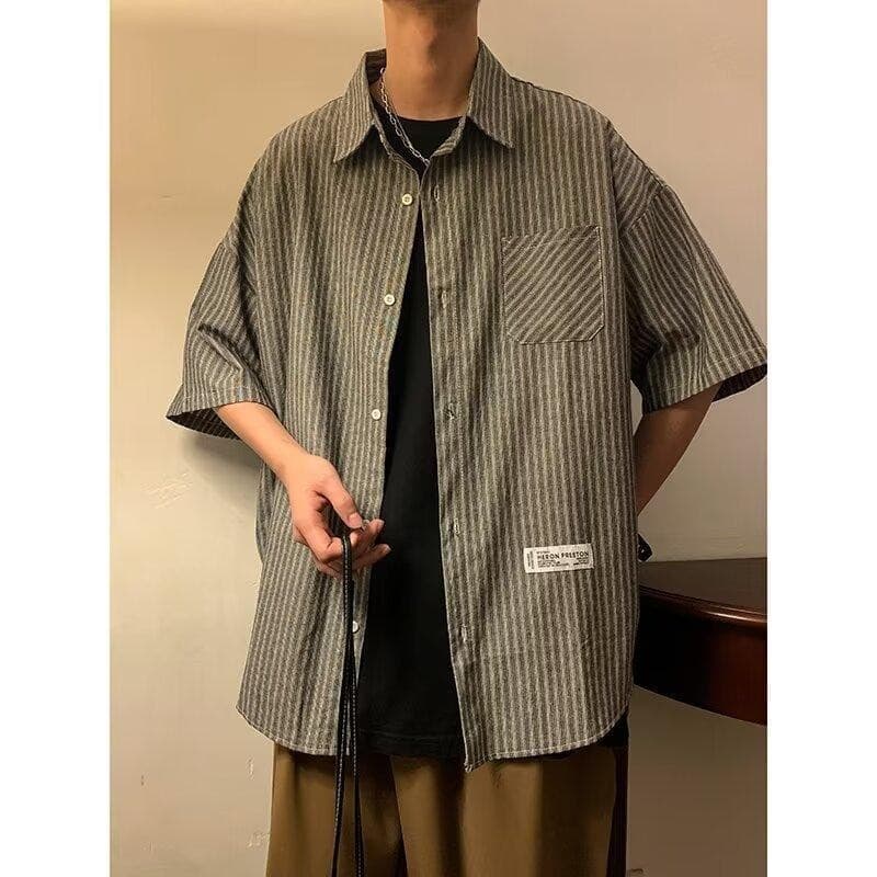 MNO.9 Shirt C160 เสื้อเชิ้ตOversize เสื้อเชิ๊ตคอปก ลายเส้น มีกระเป๋าหน้าเชิ๊ตชาย Man ผู้ชาย Clothing ขาว เทา และฟ้า รูปที่ 3