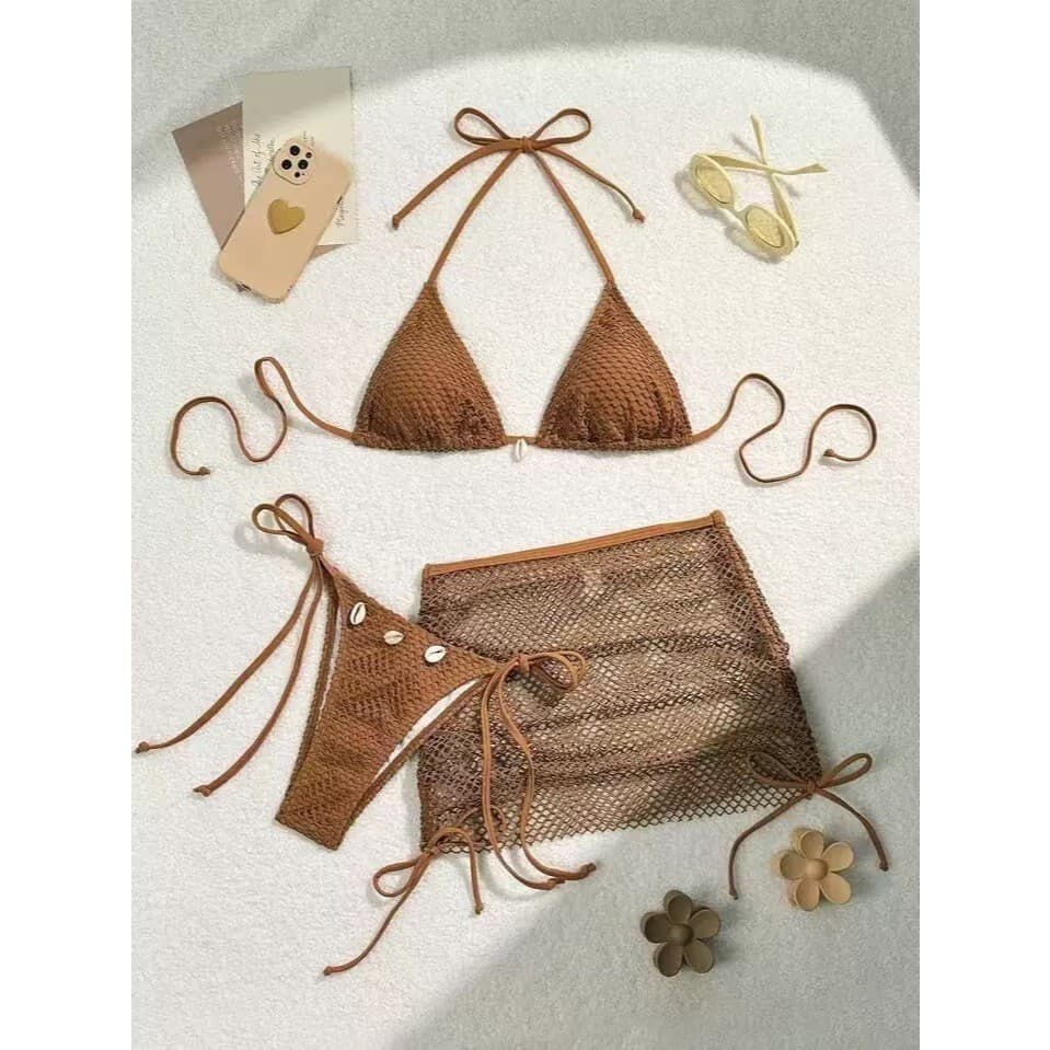 ชุดว่ายน้ำ bikini บิกินี่ 3 ชิ้น sexy ผูกคอ ตกแต่งด้วยเปลือกหอย ชุดว่ายน้ำแฟชั่น มีฟองน้ำ รูปที่ 2