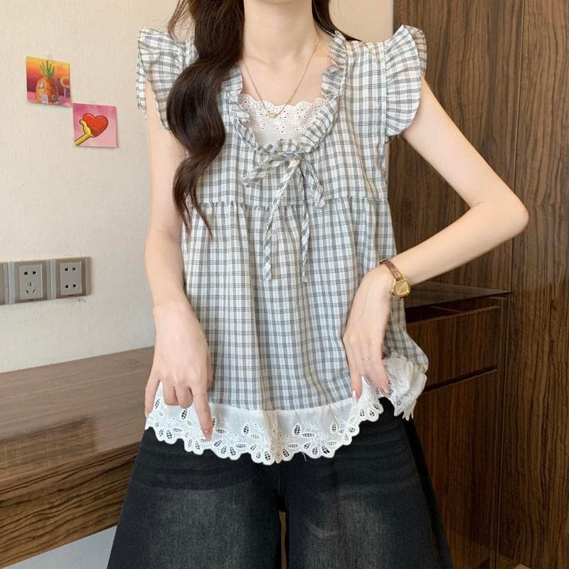 Chili Koko เสื้อเชิ้ตแขนสั้นลายสก๊อตสองชิ้นปลอม OOTD มีไซส์ใหญ่สำหรับผู้หญิงฤดูร้อน ชายเสื้อลูกไม้ เสื้อเด็ก 99172 รูปที่ 4