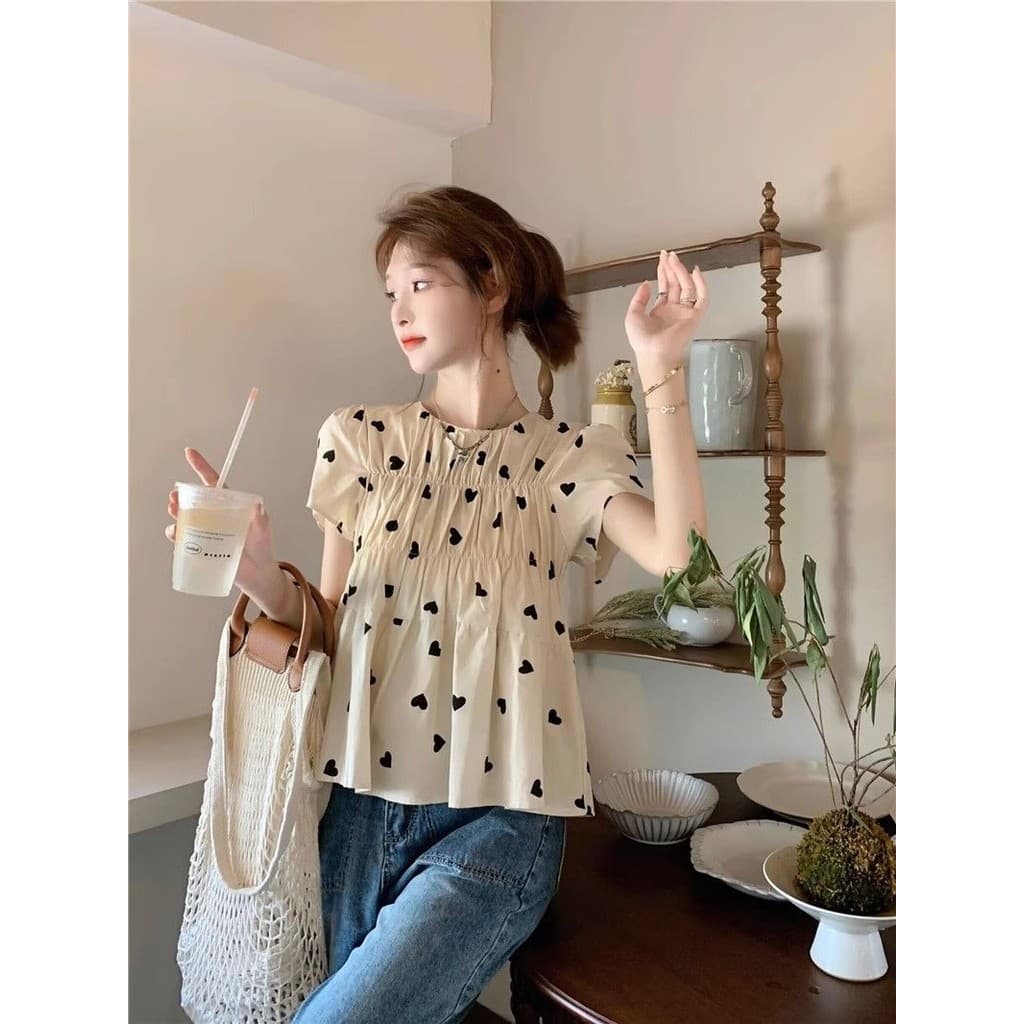 Veewink จากกทม เสื้อเชิ้ตแขนสั้นลายหัวใจ สไตล์ฝรั่งเศส ทรงปุกปุย จีบ ใส่กระชับตัว แฟชั่นเฉพาะ รูปที่ 9