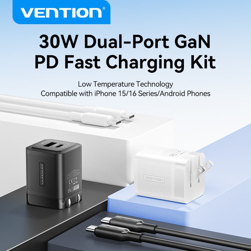 Vention 30W GaN Charger USB C Charger PD + USB 2 พอร์ตอะแดปเตอร์ชาร์จพร้อม QC4.0 PD USB typec Fast Charger US Plug Charger สําหรับ Samsung Android รูปที่ 1