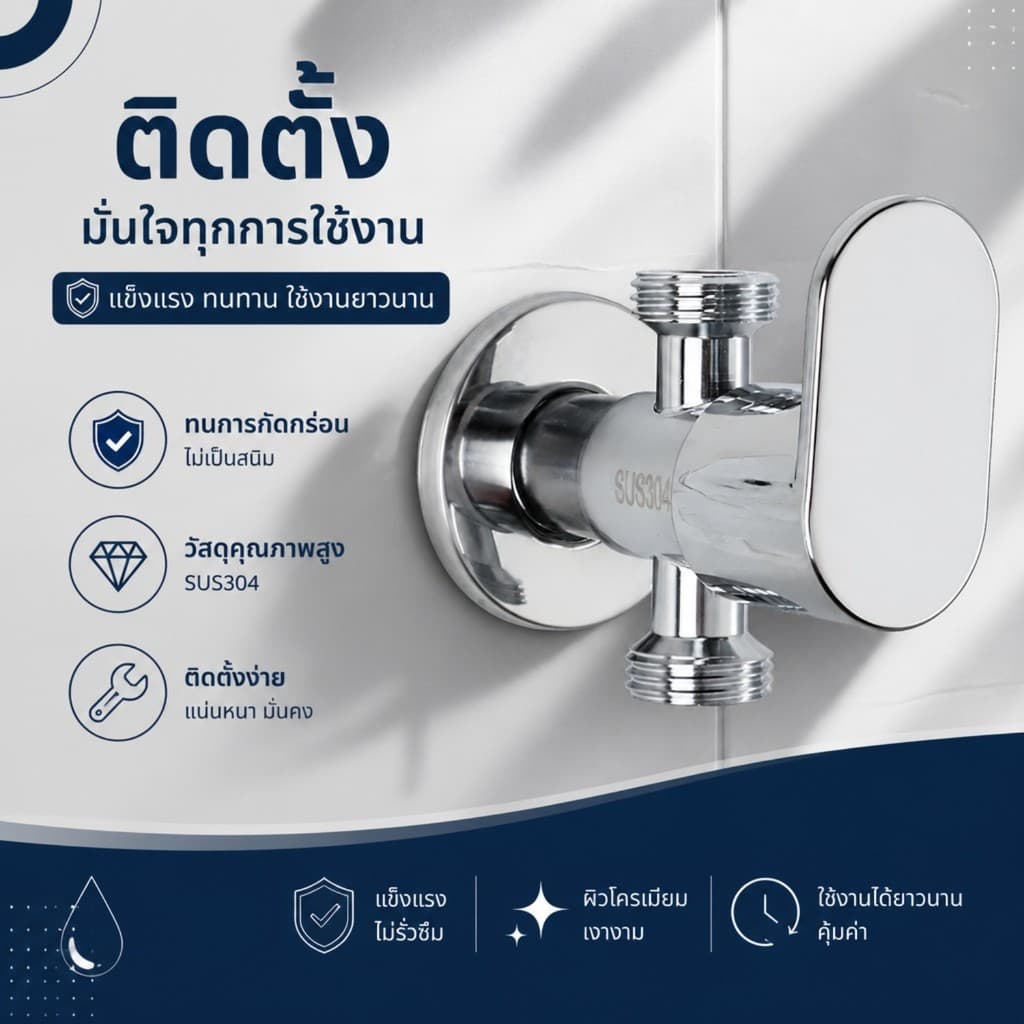 วาล์วก๊อกน้ำ วาล์วฝักบัว วัสดุสแตนเลส 304 ชุบโครเมี่ยม เงางาม มันวาว ทางเข้าน้ำ 1 ทาง ทางออก 2 ทาง รูปที่ 3