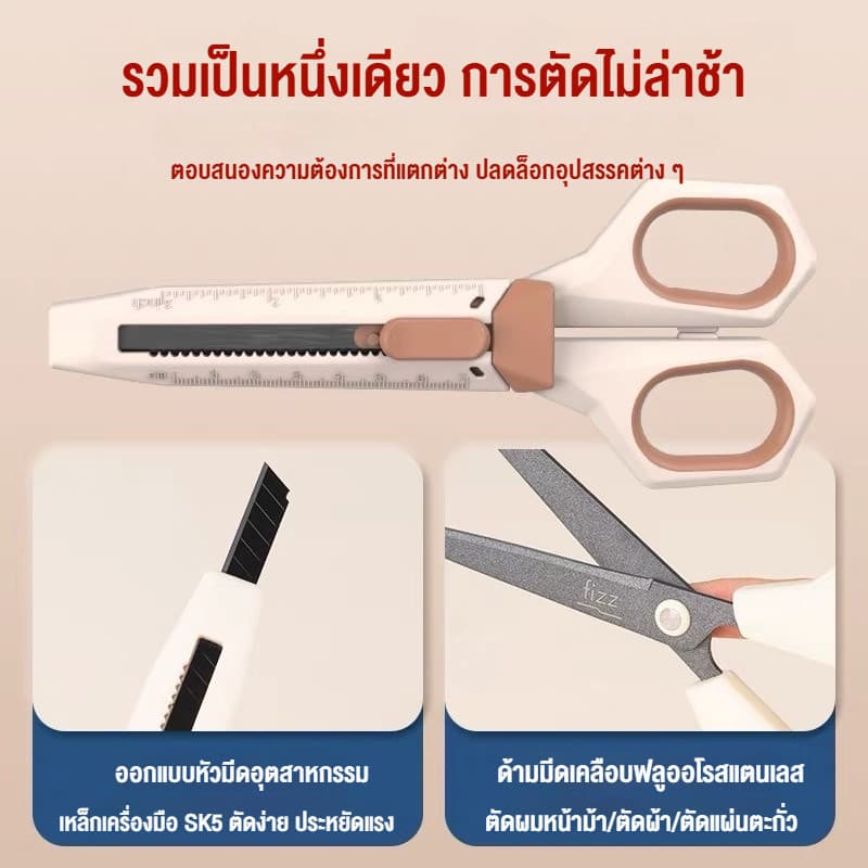 2in1 กรรไกรการเคลือบฟลูออรีน คมกริบ เป็นกรรไกรและตรงปลอกเป็นคัทเตอร์ในตัว ตัดเทปกาวได้ ไม่เหนี้ยวติดกรรไกร รูปที่ 6