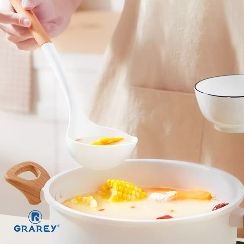GRAREY ชุด ตะหลิว ทัพพี กระบวย เกรดพรีเมียม ซิลิโคน ด้ามจับไม้ ทนความร้อน ตักอาหาร ไสตล์มินิมอล มูจิ รูปที่ 6