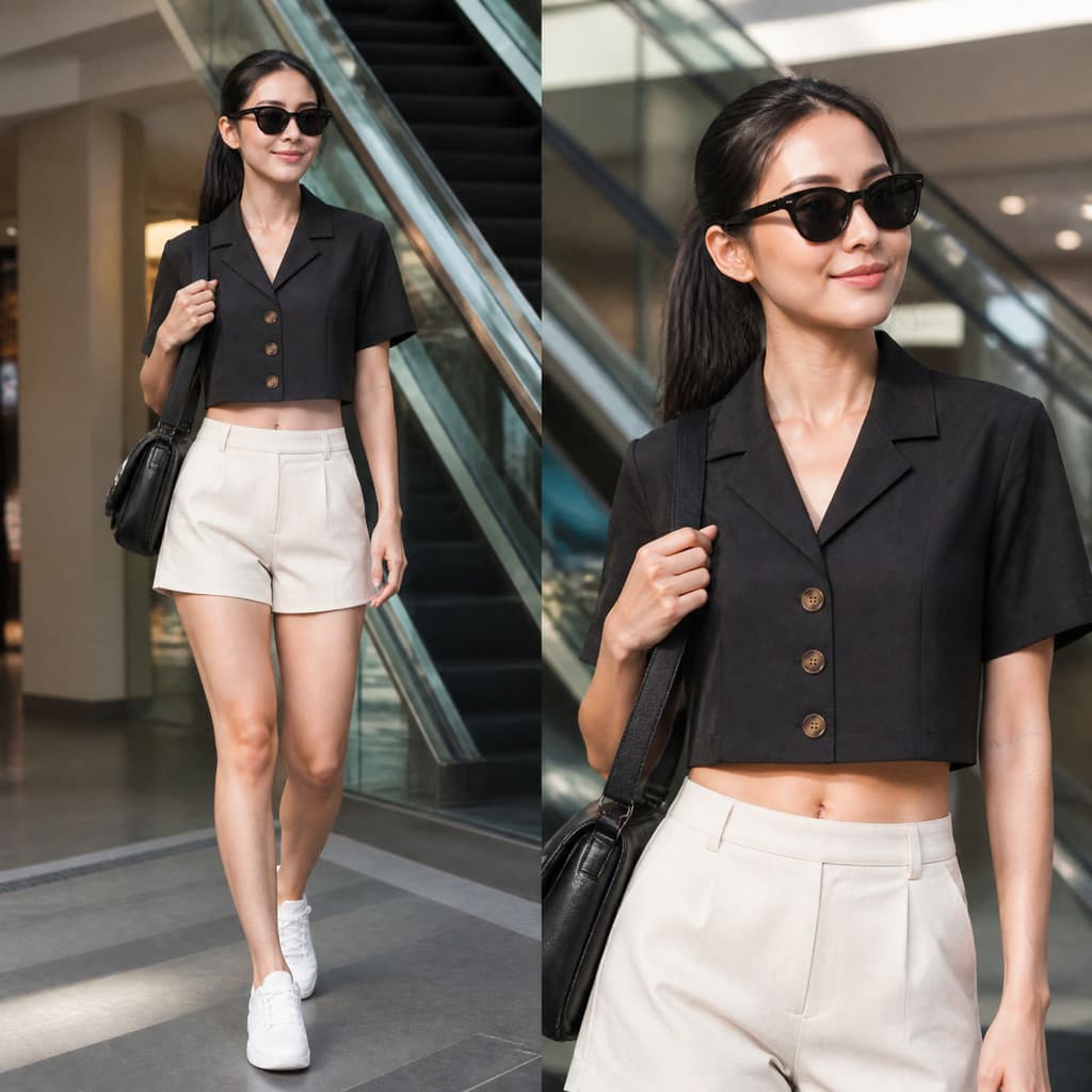 เสื้อครอปเบลเซอร์แขนสั้น S-2XL กระดุม 3 เม็ด มินิมอล ทรงสวย ผ้าคอตตอน สไตล์เกาหลี รูปที่ 3