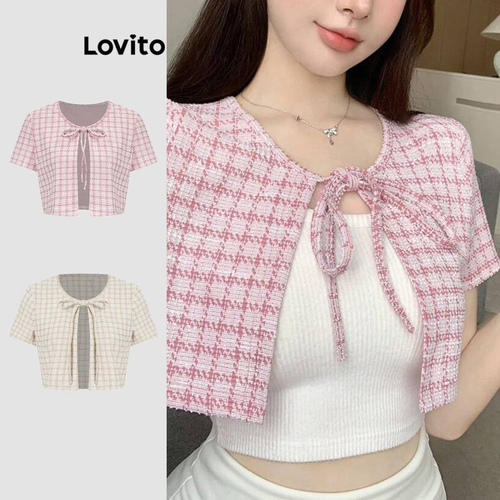 Lovito สง่างาม ฤดูใบไม้ผลิและฤดูร้อนเสื้อผูกด้านหน้าพื้นผิวผ้าลายสก๊อตลูกไม้ขึ้นเสื้อผู้หญิง L90AD001 รูปที่ 1
