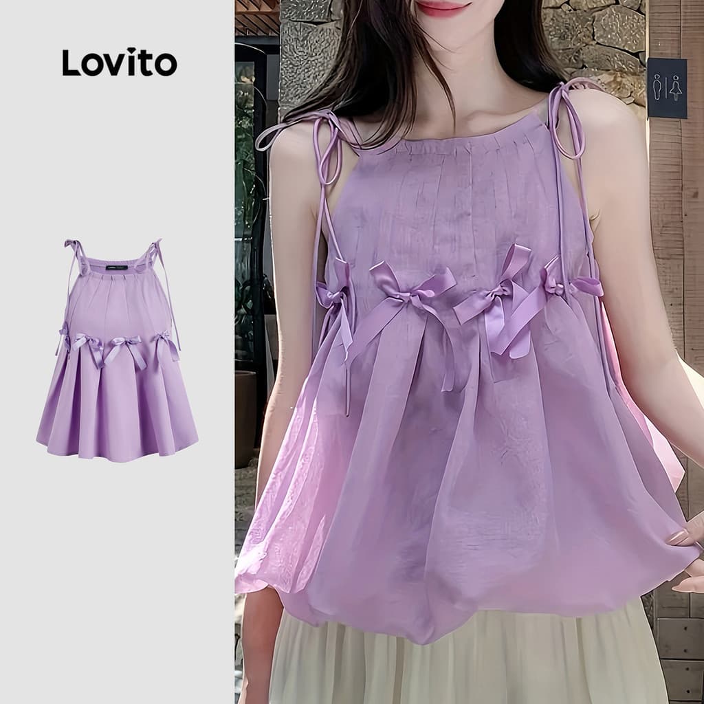 Lovito แคชชวล เสื้อเชิ้ตผู้หญิง ดีไซน์ผูกเชือกด้านหน้า ฤดูใบไม้ผลิ/ฤดูร้อน สีม่วง L171ED514 รูปที่ 1