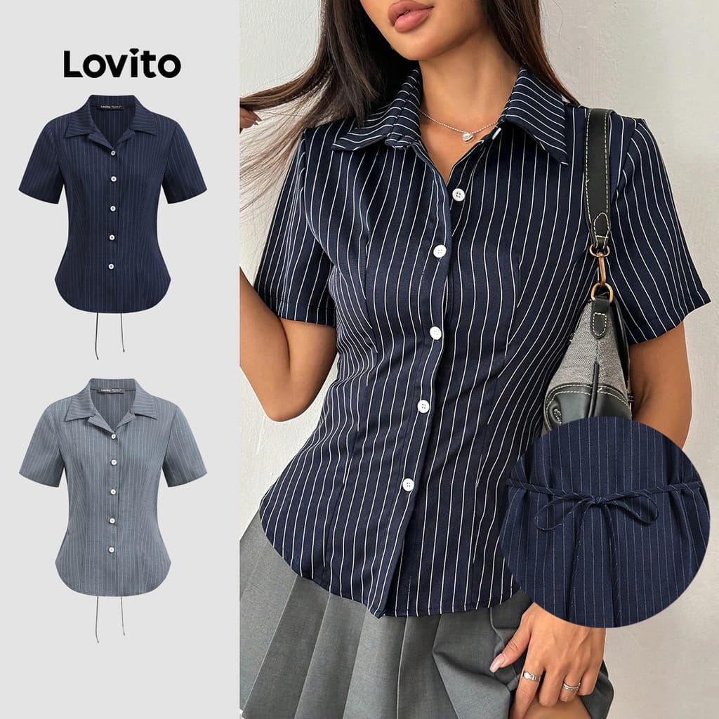 Lovito แคชชวล เสื้อลายปุ่มด้านหน้ารอบฤดูร้อน/ฤดูใบไม้ผลิเสื้อสําหรับผู้หญิง LBL23387 รูปที่ 1