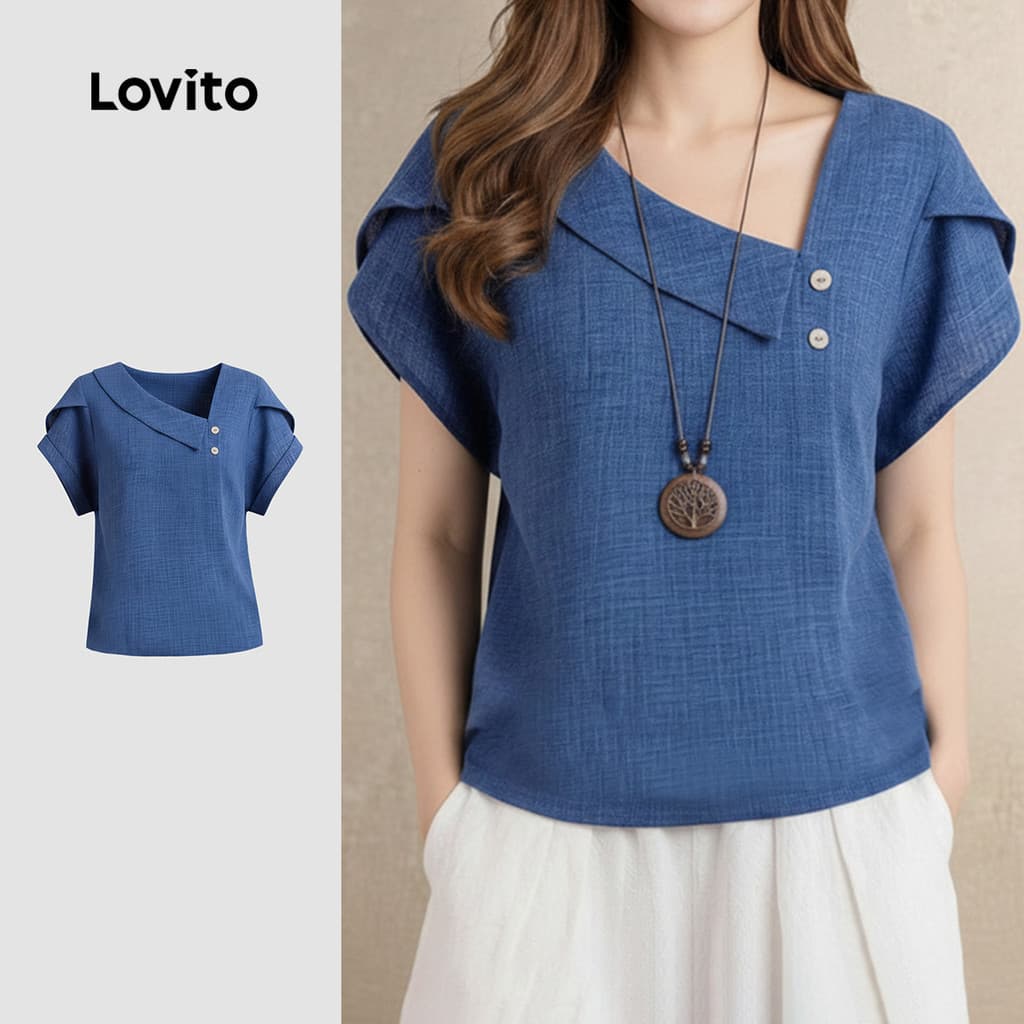 Lovito เสื้อเบลาส์ผู้หญิงสีน้ําเงินแบบ กระดุมเก๋ไก๋ เหมาะสําหรับฤดูใบไม้ผลิ/ฤดูร้อน L34LD036 รูปที่ 1