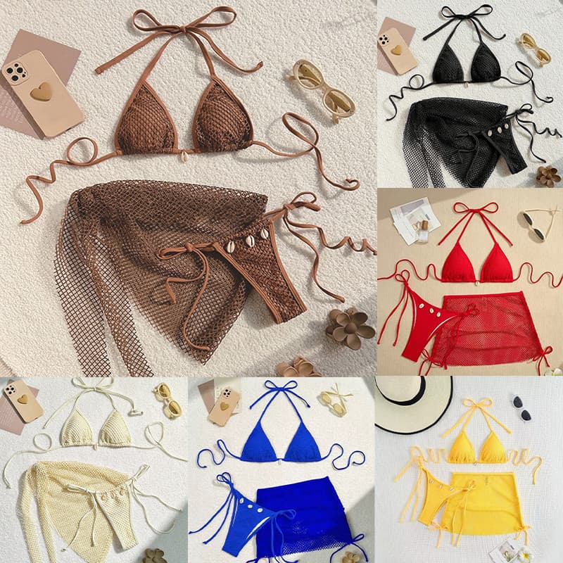 ชุดว่ายน้ำ bikini บิกินี่ 3 ชิ้น sexy ผูกคอ ตกแต่งด้วยเปลือกหอย ชุดว่ายน้ำแฟชั่น มีฟองน้ำ รูปที่ 1
