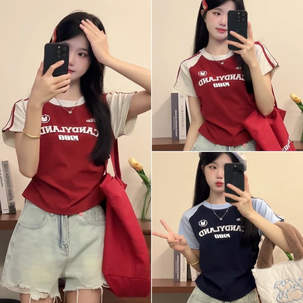 Hotgirl เสื้อยืดแฟชั่นผู้หญิง เสื้อยืดทรงซ้อ แขนสั้นพิมพ์ลาย ดีไซน์เก๋ไก้และจีบด้านข้าง ย้อนยุค รูปที่ 1