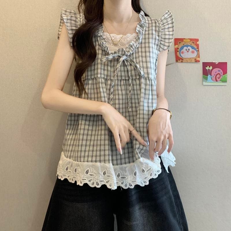 Chili Koko เสื้อเชิ้ตแขนสั้นลายสก๊อตสองชิ้นปลอม OOTD มีไซส์ใหญ่สำหรับผู้หญิงฤดูร้อน ชายเสื้อลูกไม้ เสื้อเด็ก 99172 รูปที่ 6