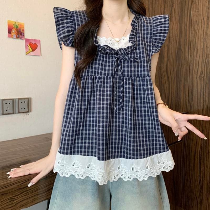 Chili Koko เสื้อเชิ้ตแขนสั้นลายสก๊อตสองชิ้นปลอม OOTD มีไซส์ใหญ่สำหรับผู้หญิงฤดูร้อน ชายเสื้อลูกไม้ เสื้อเด็ก 99172 รูปที่ 7