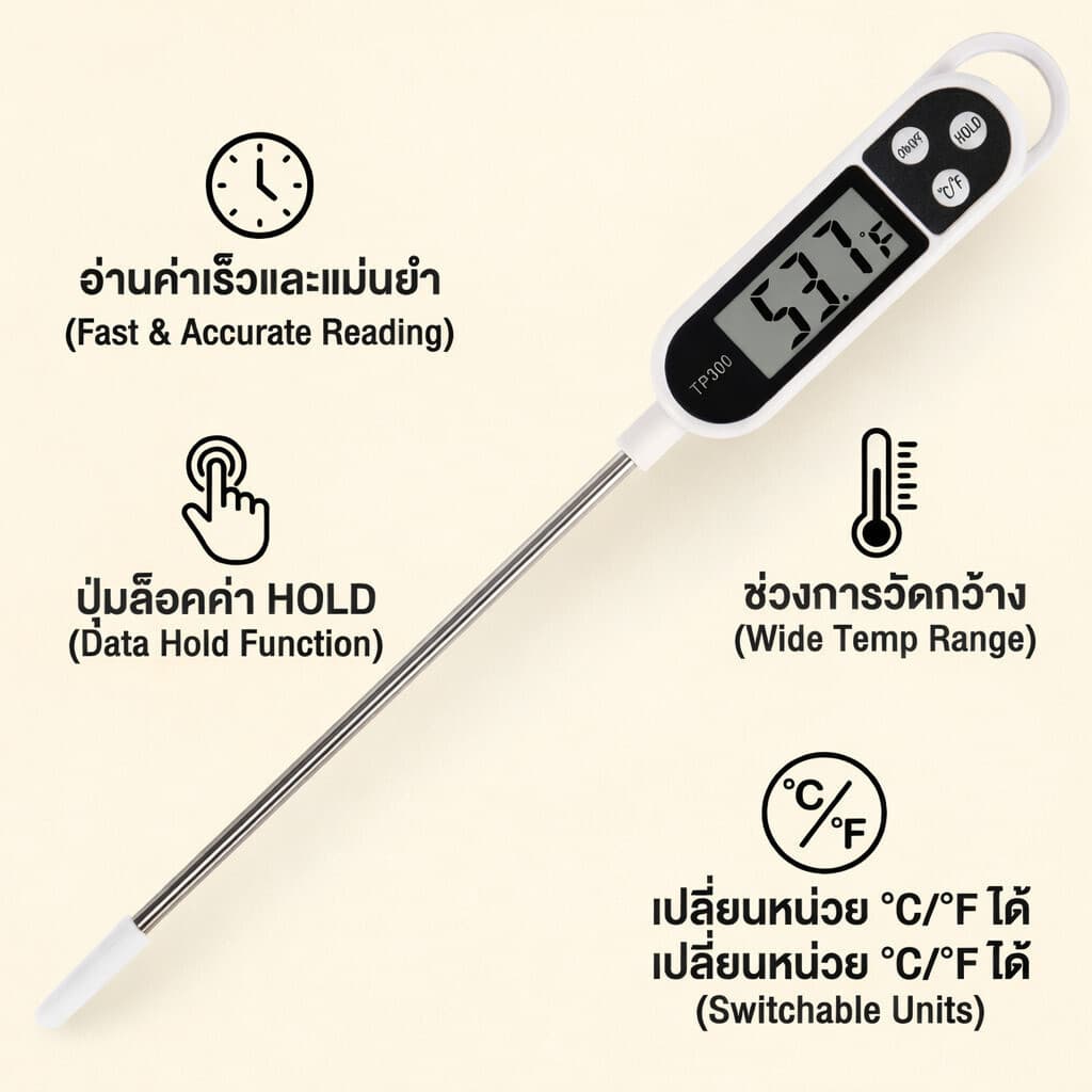 PPH เทอร์โมมิเตอร์วัดอุณหภูมิอาหารแบบแท่ง สำหรับวัดอุณหภูมิน้ำมัน การอบ และการย่าง รูปที่ 4