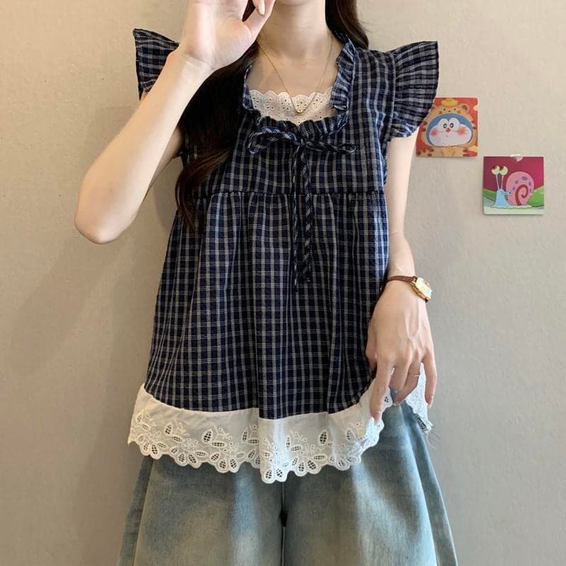 Chili Koko เสื้อเชิ้ตแขนสั้นลายสก๊อตสองชิ้นปลอม OOTD มีไซส์ใหญ่สำหรับผู้หญิงฤดูร้อน ชายเสื้อลูกไม้ เสื้อเด็ก 99172 รูปที่ 8