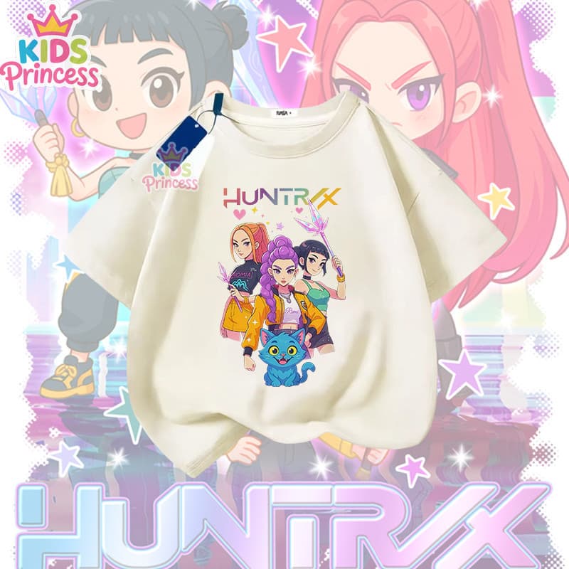 COD Kpop Demon Hunters ผ้าฝ้าย 100% เสื้อเชิ้ต เสื้อยืดสีดำ 90-150CM N382 รูปที่ 6