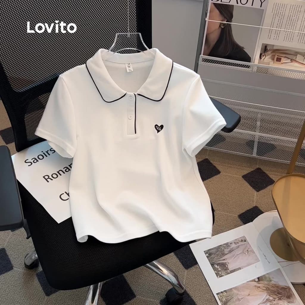 Lovito เสื้อยืดแคชชวลสีขาวสำหรับผู้หญิง ดีไซน์ตัดกัน สำหรับฤดูใบไม้ผลิ/ฤดูร้อน LNE109D004 รูปที่ 1