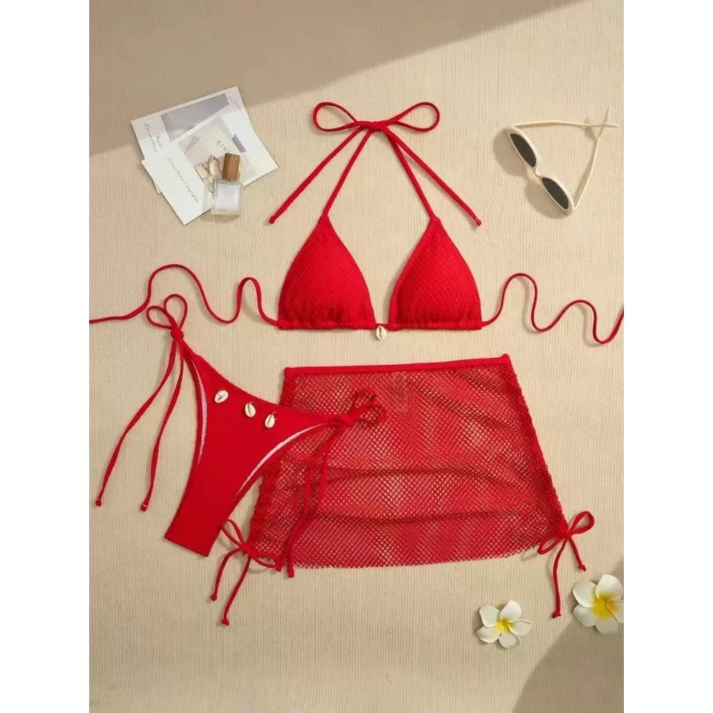 ชุดว่ายน้ำ bikini บิกินี่ 3 ชิ้น sexy ผูกคอ ตกแต่งด้วยเปลือกหอย ชุดว่ายน้ำแฟชั่น มีฟองน้ำ รูปที่ 5