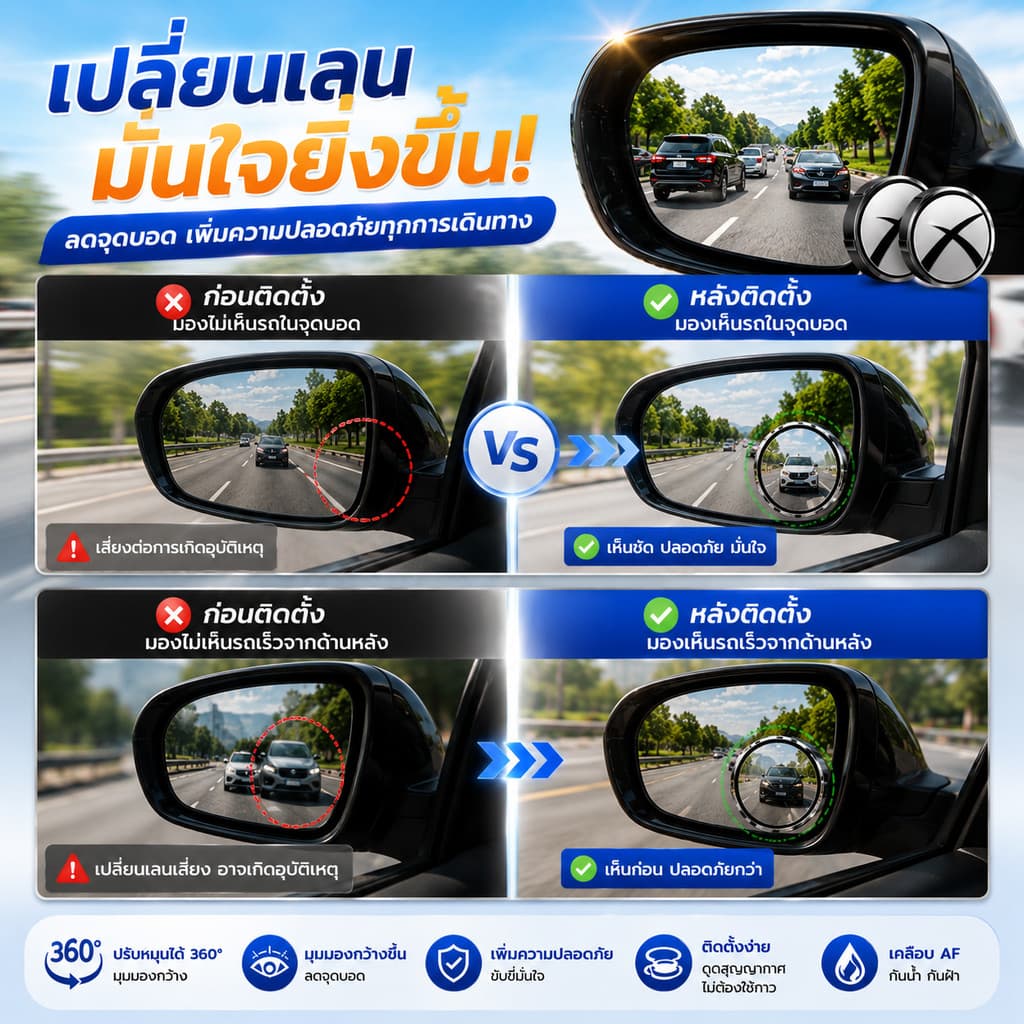 SKY กระจกมุมอับรถยนต์ 360° HD แบบดูดสูญญากาศ กระจกมองหลังเสริม ลดจุดบอด ปรับหมุนได้ ช่วยถอยจอด Blind Spot Mirror รูปที่ 5