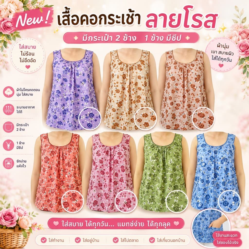 เสื้อคอกระเช้า แบบคอถัก ลายโรส ผ้าไมโคร มีกระเป๋า 2 ข้าง 1ข้างมีซิป G01 รูปที่ 1
