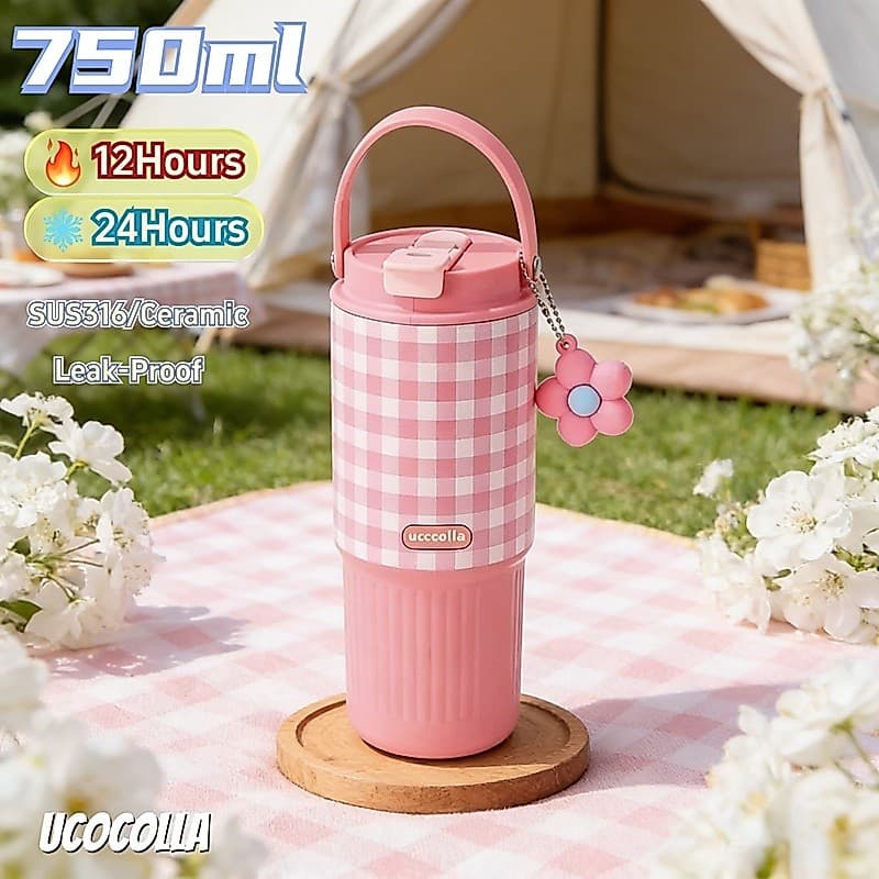 UCOCOLLA แก้วน้ำสแตนเลส ผนังด้านในเคลือบด้วยเซรามิก 750ml แก้วเก็บความเย็น ฝาปิดแน่น มีช่องดูดและดื่ม ฐานยางกันลื่น รูปที่ 1