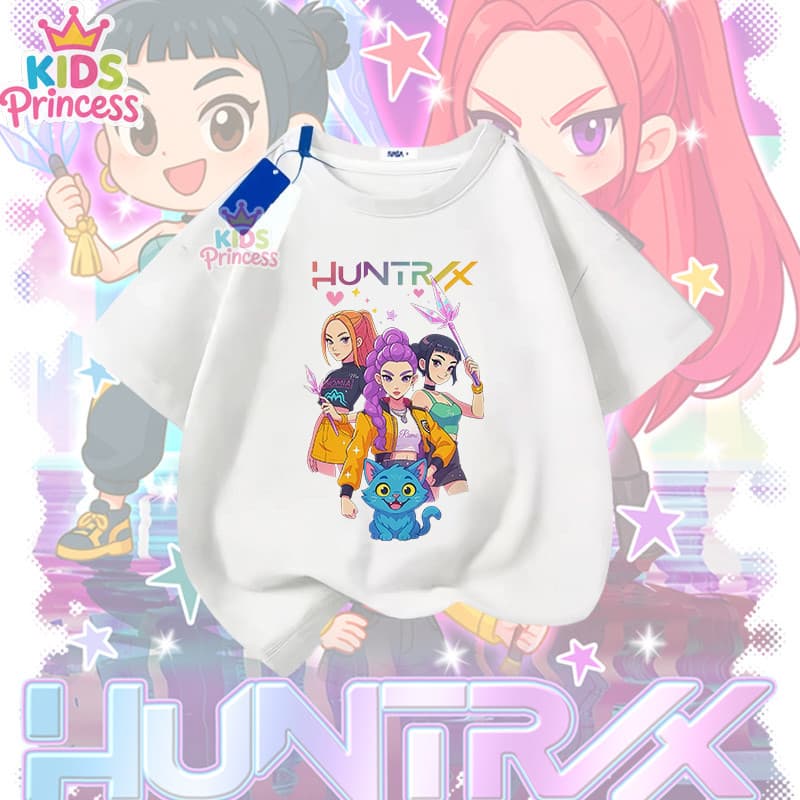 COD Kpop Demon Hunters ผ้าฝ้าย 100% เสื้อเชิ้ต เสื้อยืดสีดำ 90-150CM N382 รูปที่ 3
