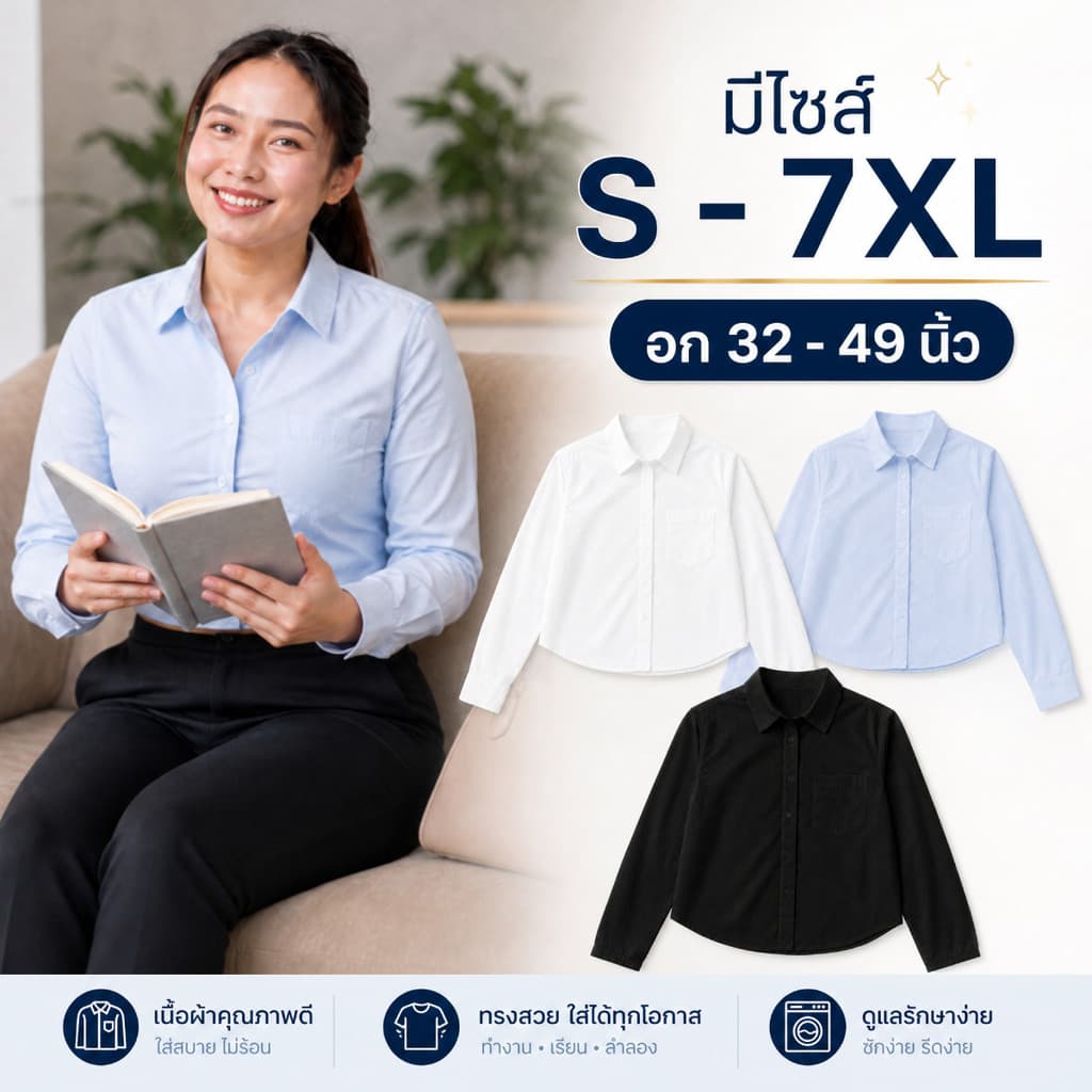 พร้อมส่ง  เสื้อเชิ้ตแขนยาว S-7XL งานครอป สุดแซ่บ ผ้าคัตตอล