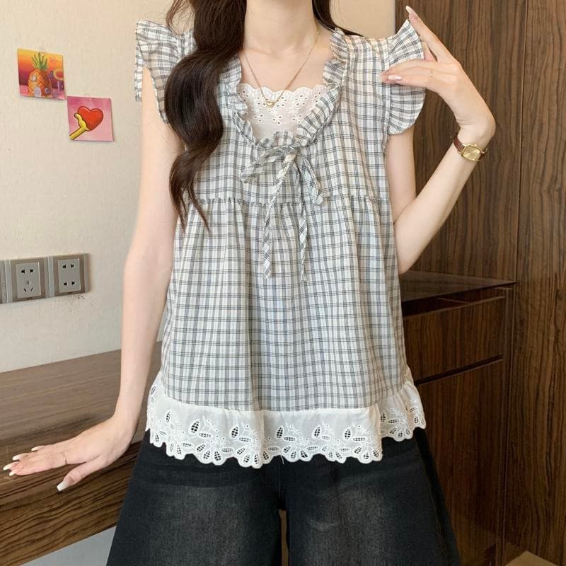 Chili Koko เสื้อเชิ้ตแขนสั้นลายสก๊อตสองชิ้นปลอม OOTD มีไซส์ใหญ่สำหรับผู้หญิงฤดูร้อน ชายเสื้อลูกไม้ เสื้อเด็ก 99172 รูปที่ 3