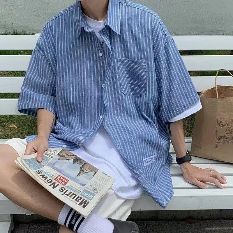 MNO.9 Shirt C160 เสื้อเชิ้ตOversize เสื้อเชิ๊ตคอปก ลายเส้น มีกระเป๋าหน้าเชิ๊ตชาย Man ผู้ชาย Clothing ขาว เทา และฟ้า รูปที่ 2