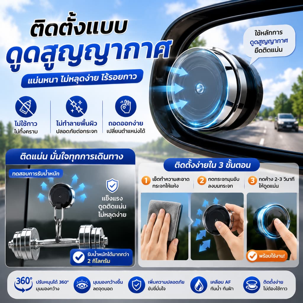 SKY กระจกมุมอับรถยนต์ 360° HD แบบดูดสูญญากาศ กระจกมองหลังเสริม ลดจุดบอด ปรับหมุนได้ ช่วยถอยจอด Blind Spot Mirror รูปที่ 7