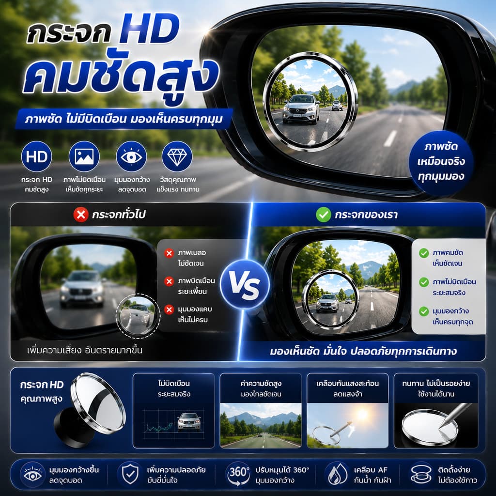 SKY กระจกมุมอับรถยนต์ 360° HD แบบดูดสูญญากาศ กระจกมองหลังเสริม ลดจุดบอด ปรับหมุนได้ ช่วยถอยจอด Blind Spot Mirror รูปที่ 8