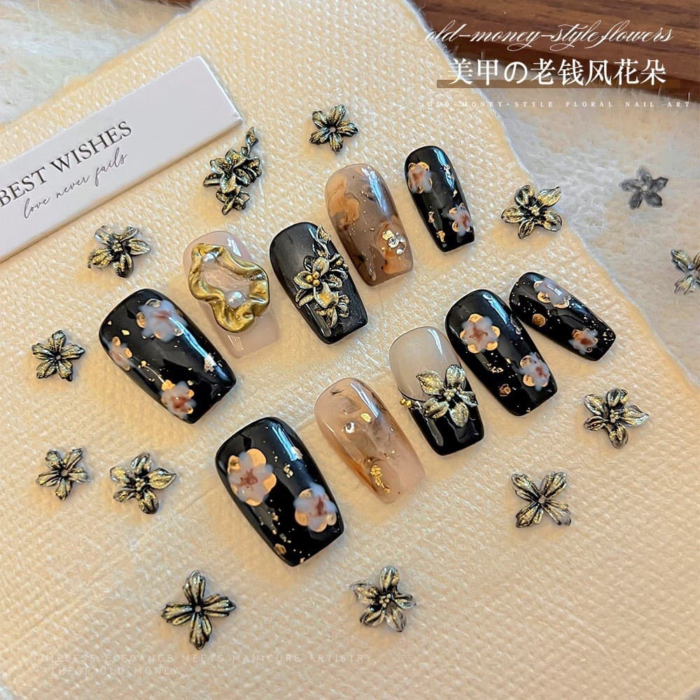 Rou Bao 50 ชิ้นเล็บแกะสลักนุ่มดอกไม้ Retro Gilded ดอกไม้เรซิ่นเล็บ Art DIY Charms ตกแต่ง รูปที่ 4