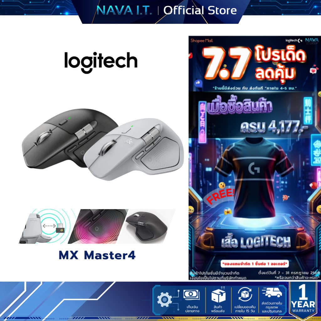 Logitech MX Master 4 Wireless Mouse Graphite,Pale Gray เมาส์บลูทูธไร้สาย ออกแบบให้เหมาะกับสรีระ ชาร์จด้วย USB C รูปที่ 1