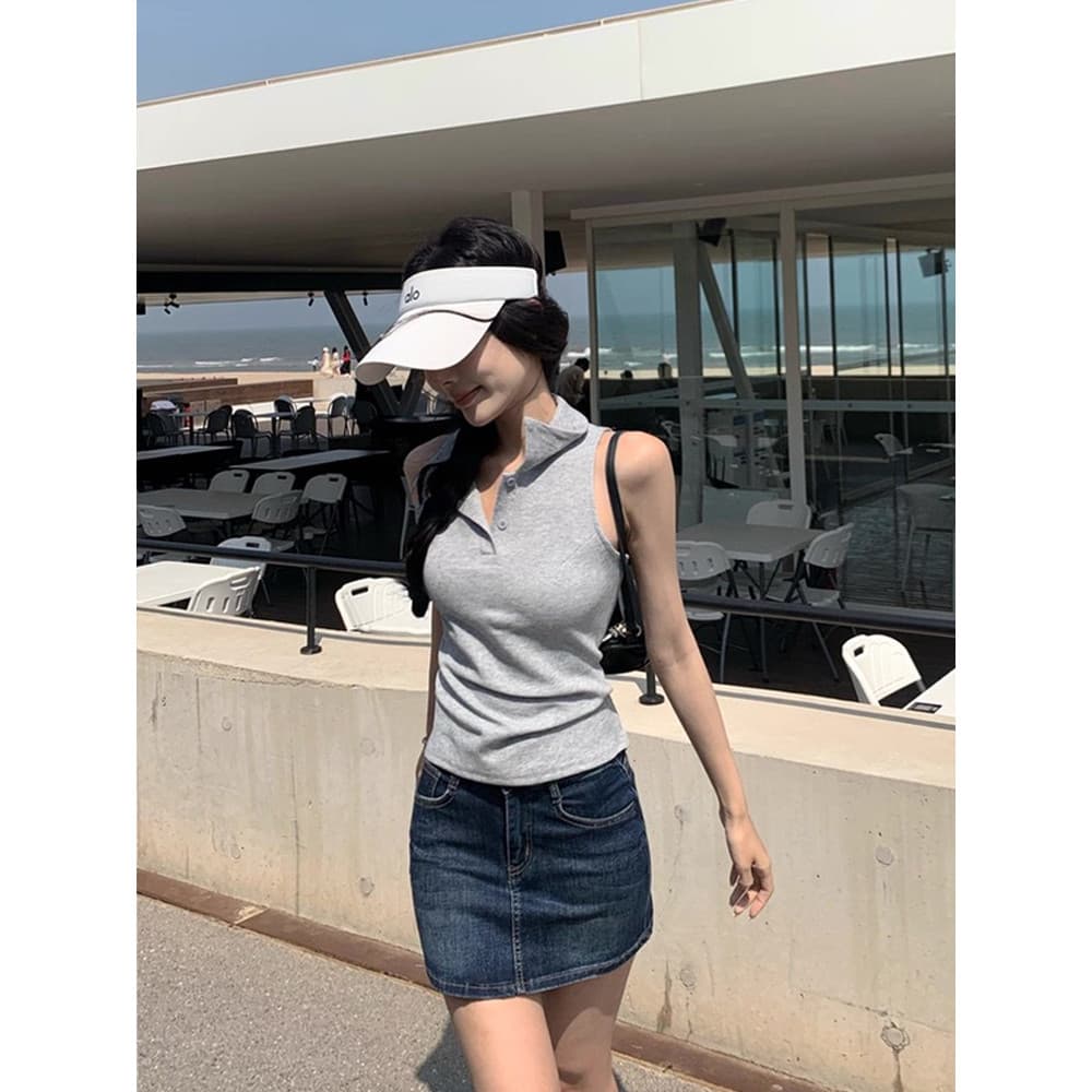 Vogue เสื้อคอปกแขนกุด สีพื้นใส่สบายมาก เสริมฟองน่ำ รูปที่ 2