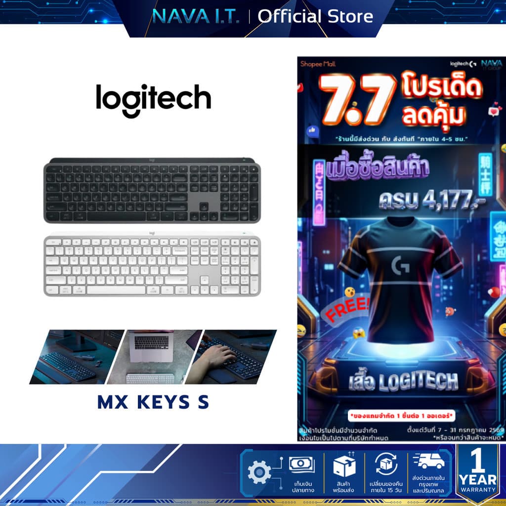 LOGITECH MX KEYS S ADVANCED WIRELESS คีย์บอร์ดไร้สาย มีไฟส่องสว่าง ชาร์จไฟได้ผ่าน USB-C คีย์ TH/ENG รูปที่ 1