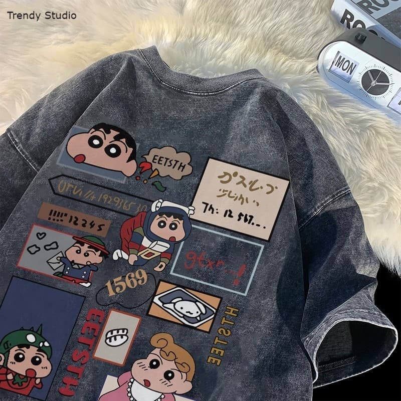 เสื้อยืดชินจัง เสื้อฟอก การ์ตูนน่ารักๆ ผ้าคอตตอน100% แฟชั่นหน้าร้อน oversize Washed T-shirt M-XXXL รูปที่ 1