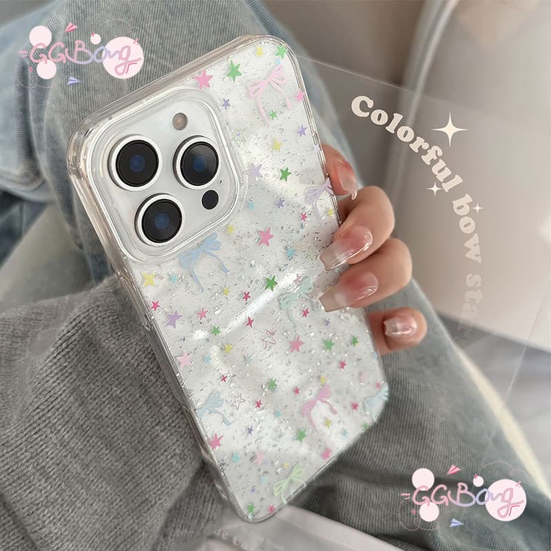 เหมาะสำหรับ IPhone 15 11 17 air 13 12 16 14 Pro Max X XS XR 7 8 Plus ดาวดอกไม้สีสันสดใสผงกากเพชรป้องกันฝาครอบพลาสติก รูปที่ 1