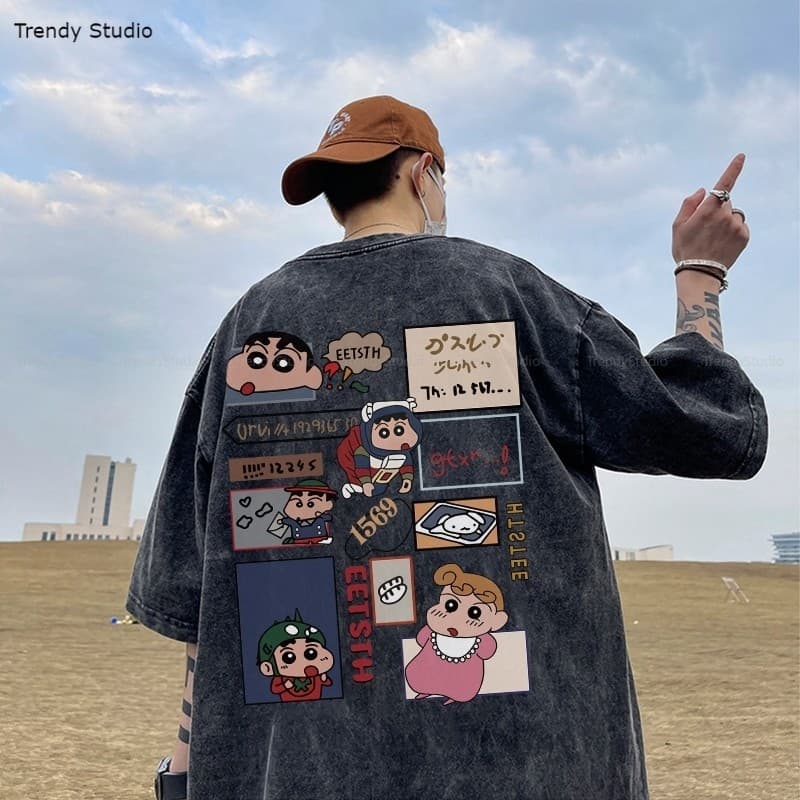 เสื้อยืดชินจัง เสื้อฟอก การ์ตูนน่ารักๆ ผ้าคอตตอน100% แฟชั่นหน้าร้อน oversize Washed T-shirt M-XXXL รูปที่ 4
