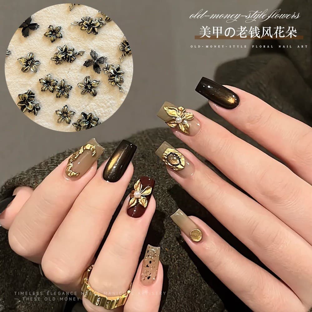 Rou Bao 50 ชิ้นเล็บแกะสลักนุ่มดอกไม้ Retro Gilded ดอกไม้เรซิ่นเล็บ Art DIY Charms ตกแต่ง รูปที่ 5