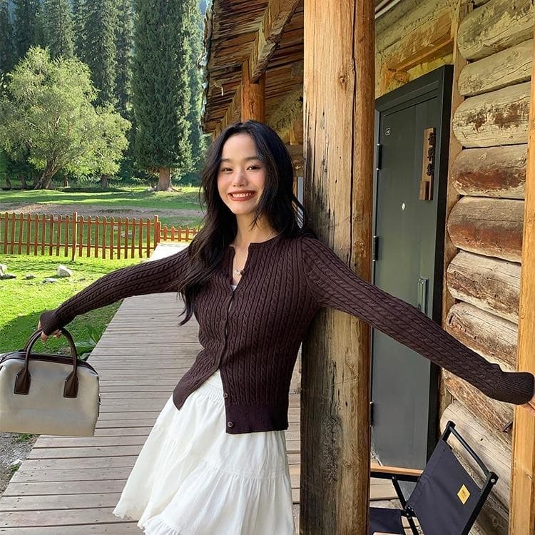 Chili Koko เสื้อแจ็คเก็ตคาร์ดิแกนถักสั้นสีเทาสำหรับผู้หญิง ทรงเข้ารูปแขนยาวอเนกประสงค์ฤดูใบไม้ร่วง R023 รูปที่ 3