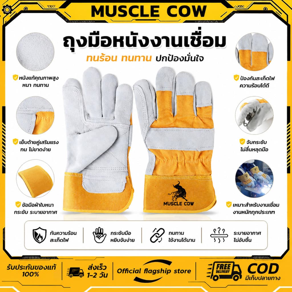 ถุงมือหนังงานเชื่อม 10.5" และ13" Muscle Cow ทำจากหนังวัวชั้นที่ 2 ทั้งชิ้น เบาและสามารถระบายอากาศได้ดี รูปที่ 1
