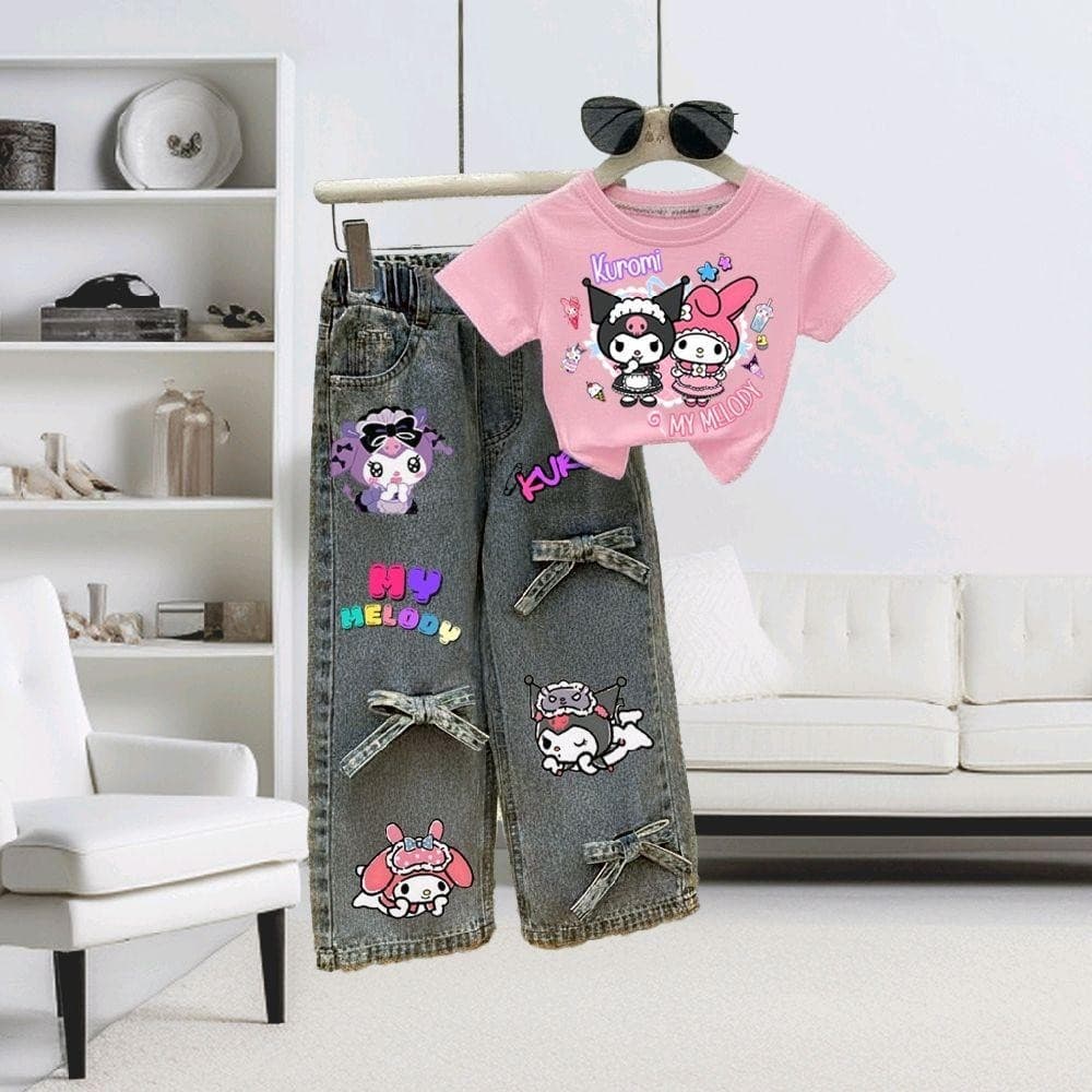 PINKชุดเซ็ทเด็ก2ชิ้น เสื้อสกรีนลายสุดฮิต+กางเกงยีนส์แท้ สกรีนลายแต่งโบว์ รูปที่ 1