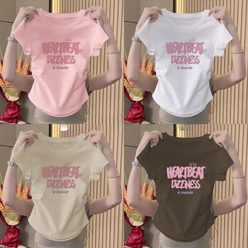 เสื้อยืดผู้หญิง หลากหลายไซส์และสี แขนสั้นทรงเข้ารูปพิมพ์ลายตัวอักษร สไตล์ฤดูร้อนใหม่สำหรับสาว รูปที่ 1