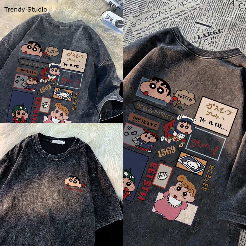 เสื้อยืดชินจัง เสื้อฟอก การ์ตูนน่ารักๆ ผ้าคอตตอน100% แฟชั่นหน้าร้อน oversize Washed T-shirt M-XXXL รูปที่ 3