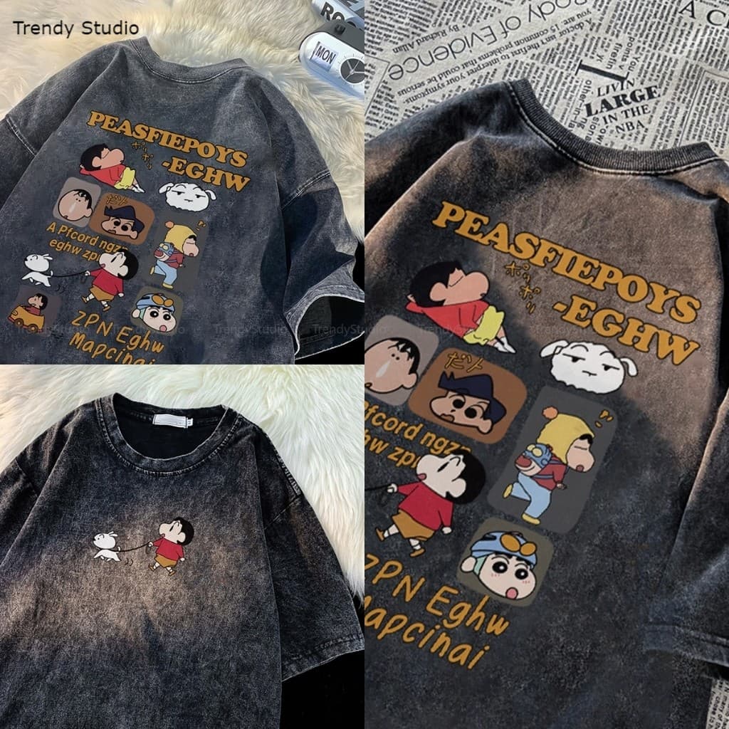 เสื้อยืดชินจัง เสื้อฟอก การ์ตูนน่ารักๆ ผ้าคอตตอน100% แฟชั่นหน้าร้อน oversize Washed T-shirt M-XXXL รูปที่ 6