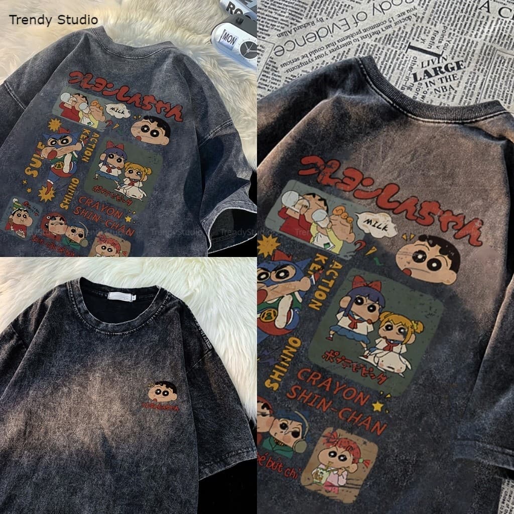 เสื้อยืดชินจัง เสื้อฟอก การ์ตูนน่ารักๆ ผ้าคอตตอน100% แฟชั่นหน้าร้อน oversize Washed T-shirt M-XXXL รูปที่ 8