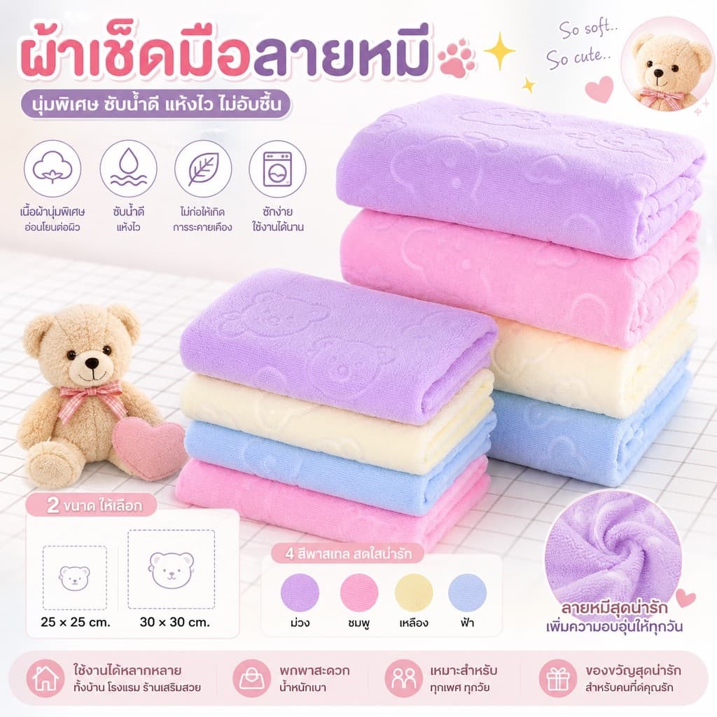 kingshopping ผ้าเช็ดมือลายหมี เช็ดจาน เช็ดทำความสะอาดได้อเนกประสงค์ ซับน้ำดีมาก รูปที่ 1
