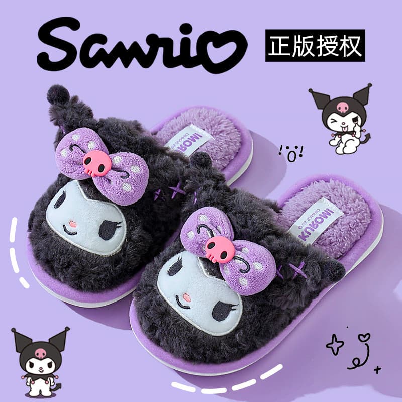 รองเท้าแตะanimeฤดูหนาว Kuromi Warm Plush และ My Melody จากSanrio ออกแบบน่ารักสำหรับเด็ก พร้อมให้เป็นของขวัญในหลากหลายไซส์ 26-41 รูปที่ 1