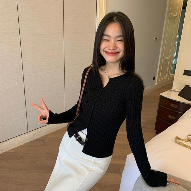 Chili Koko เสื้อแจ็คเก็ตคาร์ดิแกนถักสั้นสีเทาสำหรับผู้หญิง ทรงเข้ารูปแขนยาวอเนกประสงค์ฤดูใบไม้ร่วง R023 รูปที่ 6