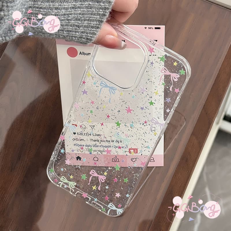 เหมาะสำหรับ IPhone 15 11 17 air 13 12 16 14 Pro Max X XS XR 7 8 Plus ดาวดอกไม้สีสันสดใสผงกากเพชรป้องกันฝาครอบพลาสติก รูปที่ 2